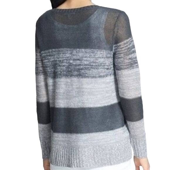 Eileen Fisher Organic Linen Bold Striped Crewneck Semi Sheer Sweater Grey Small - Picture 2 of 8